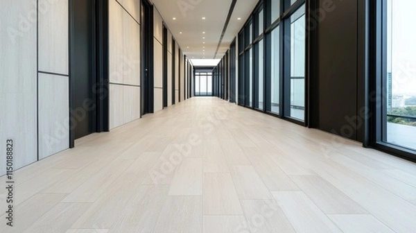 Fototapeta Modern hallway with large windows and light-colored flooring.