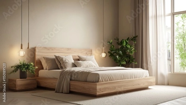 Fototapeta A sleek modern bedroom with a wooden bed and a light beige color scheme