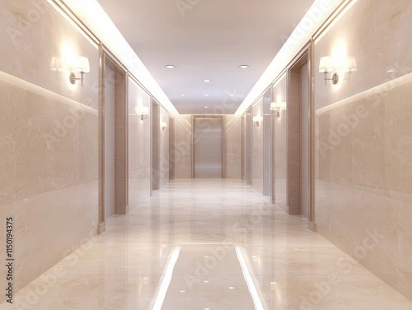 Fototapeta A modern, well-lit hallway featuring polished marble floors and elegant wall sconces, creating a serene and inviting atmosphere.