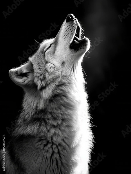 Fototapeta A lone wolf howls into the night, highlighted by dramatic lighting, with its breath visible in a cold atmosphere.