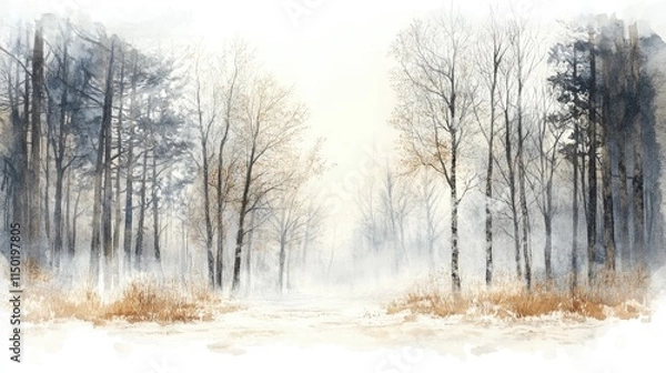 Obraz watercolour drawing forest landscape of dry trees in winter with fog background