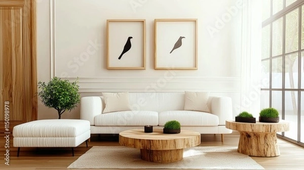 Fototapeta White sofa next to window. Scandinavian style interior design of modern living room. Natural Wooden coffee table. Wall with abstract frame. 