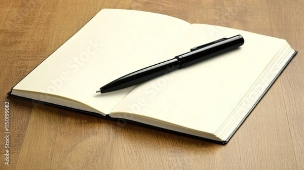 Fototapeta Black Pen on Open Notebook, Wooden Floor Background, Calm Space for Creative Writing or Doodling, Minimalist Aesthetic