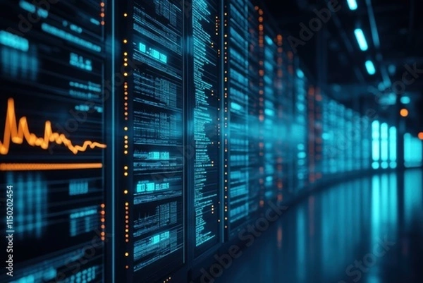 Fototapeta Server Room Data Center with Glowing Screens