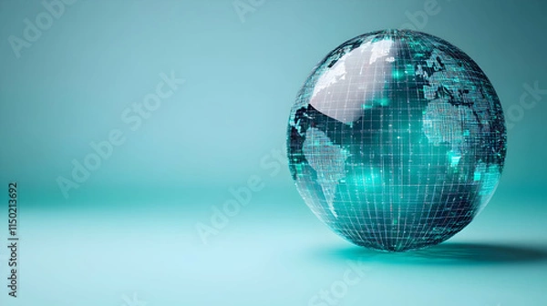 Obraz Glossy globe with digital grid and copy space on plain background concept as A glossy globe overlaid with a digital grid pattern sits against a plain background symbolizing global connectivity and the