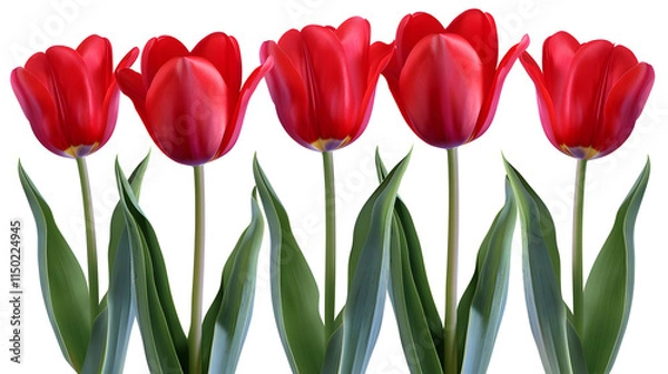 Obraz Five bright red tulips isolated on a white background, showcasing their elegance and simplicity, ideal for floral designs, decor, and minimalist art projects