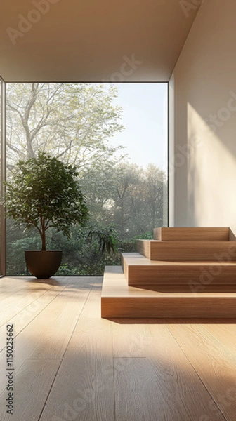 Fototapeta Modern interior design showcases wooden stairs leading to a serene garden view