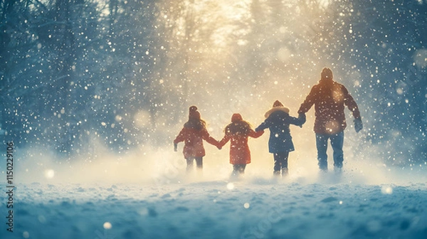 Fototapeta Joyful Family Playing in Snow Fun Activities Bonding Moments Plain Background with Copy Space