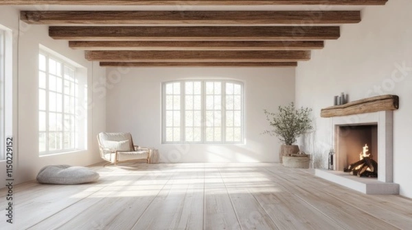 Obraz White room with wooden flooring and ceiling beams. fire place on right. wide format