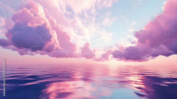 Obraz A tranquil ocean view under a sky filled with vivid magenta and violet clouds reflected perfectly on the water