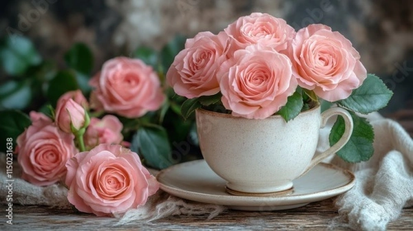 Fototapeta Pink roses in a teacup on rustic wooden table.