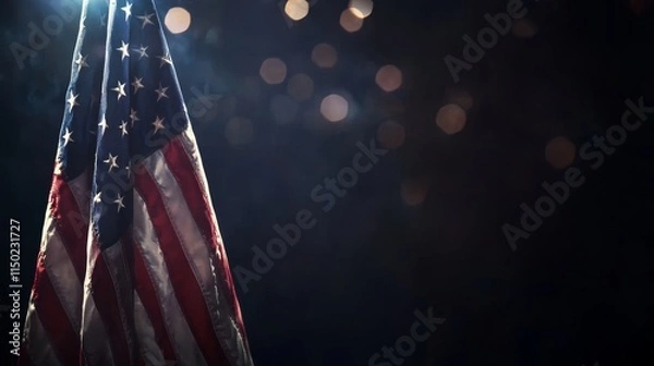 Fototapeta Flag Fireworks Night - Patriotism, celebration, freedom, hope, and remembrance are symbolized in this image of a flag with vibrant fireworks in the background.