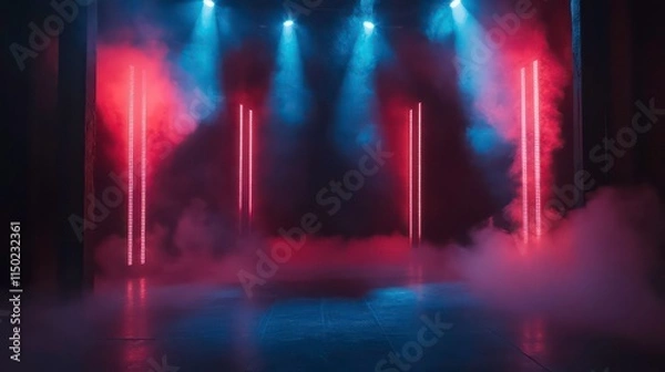 Fototapeta Concert stage setup with red and blue lights. An empty concert stage is illuminated by red and blue spotlights, with smoke filling the air and creating a hazy atmosphere