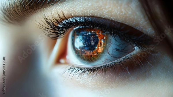 Fototapeta Close-Up Human Eye with Robotic Interface Overlay Innovative Technology Concept