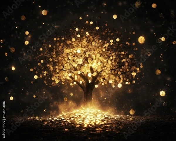 Fototapeta A glowing tree radiates golden light amidst a dark background, creating a magical and enchanting atmosphere.