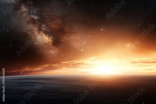 Fototapeta Stunning view of a sunrise on a distant planet against a backdrop of a vibrant galaxy