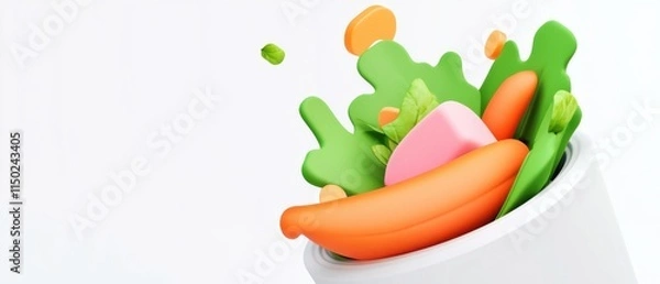 Obraz A colorful splash of vegetables in a white cup, showcasing a vibrant mix of greens, oranges, and pinks in a playful, artistic presentation.
