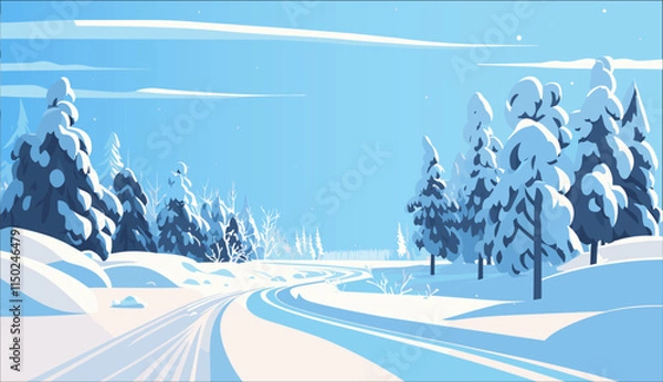 Obraz A serene winter landscape featuring a snow-covered forest and a winding path under a clear blue sky.