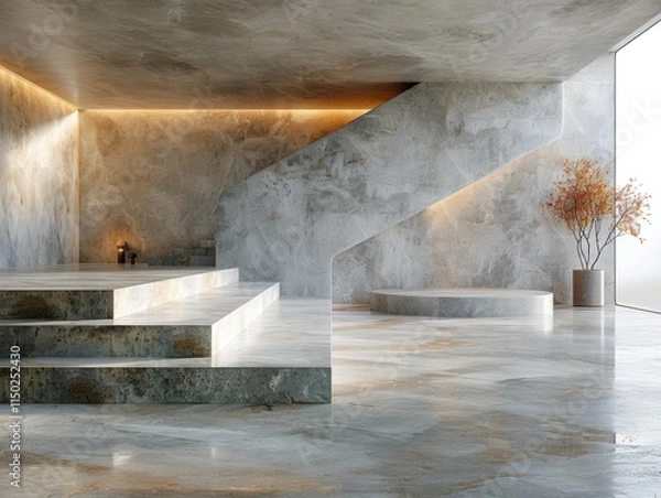 Fototapeta Modern Minimalist Interior Stone Steps Platform Tree