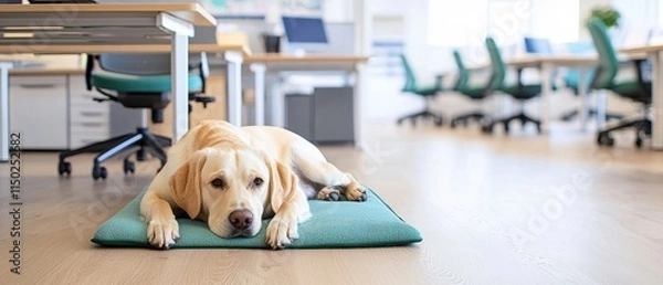 Obraz Pet Friendly Office. A relaxed dog lying on a green mat in a modern office space.