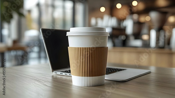 Fototapeta Minimalist Workspace Laptop Coffee Notebook Plain Background Productivity Concept