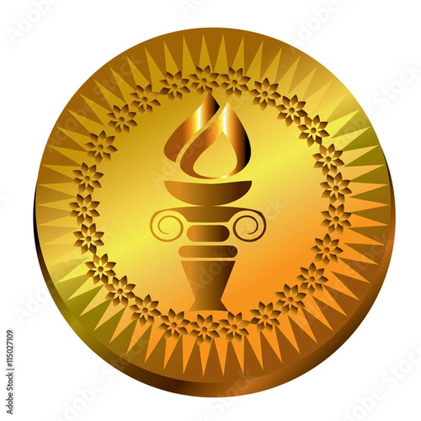 Fototapeta Torch vector illustration - award gold medallion with classic silhouette ancient Greece column with cup full of fire on the top. Golden medal with sunburst shape, flower garland border, flame.