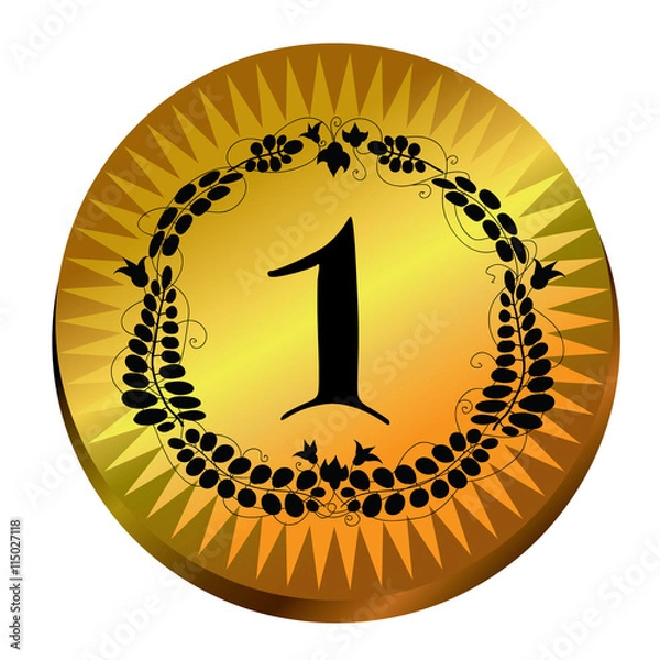 Fototapeta Golden medal award with  first number. Black one sign and floral border on a shiny yellow medallion decorated sunburst beam. Vector illustration of gold seal. Gilt abstract coin. Isolated.