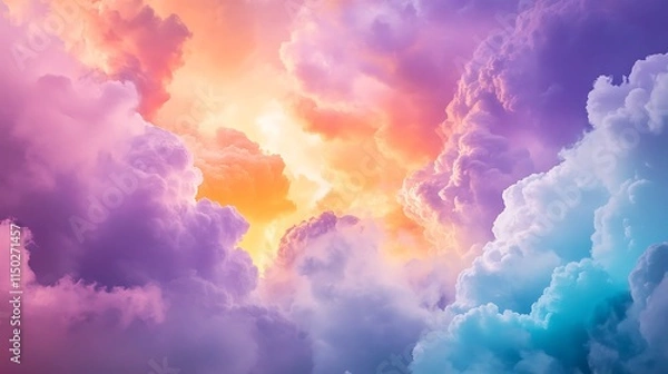 Fototapeta Soft, airy clouds float across the canvas, painted in vibrant hues of pink, purple, orange, and turquoise. The clouds seem to blend into each other in smooth, 