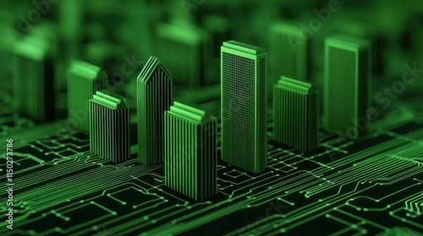 Fototapeta Smart city model with green skyscrapers on circuit board background, symbolizing sustainable urban development and technology integration