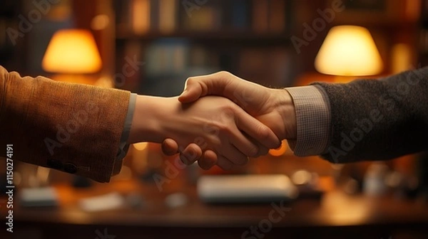 Fototapeta A handshake close-up in a refined office setting, with blurred decorative bookshelves and scattered editing tools in the background. Balanced lighting creates a warm, inviting atmosphere,