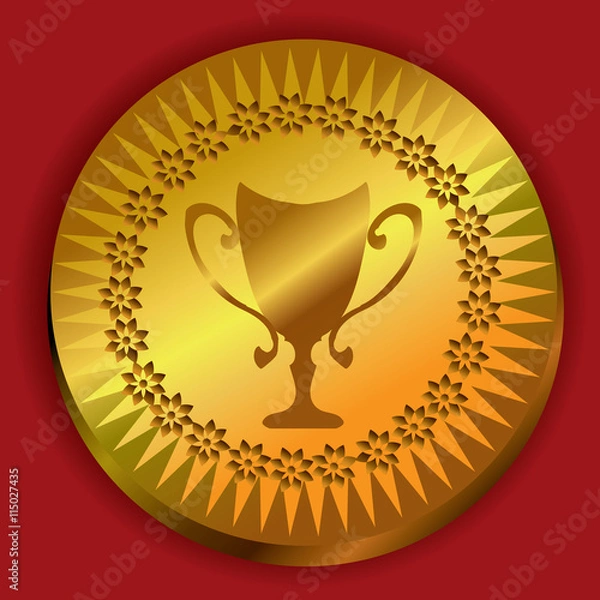 Fototapeta Vector gold winner cup on circle gold medal - trophy concept vector illustration. Sunburst golden shape and flower wreath around vase. Shiny golden medallion as win symbol, premium quality label.