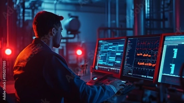 Obraz Engineer analyzing live industrial data in dimly lit room, red alert lights flashing.