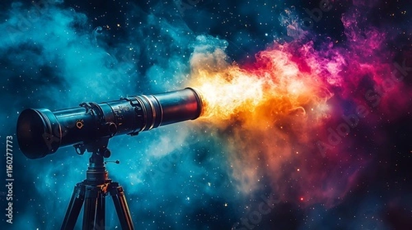 Fototapeta A telescope emitting vibrant cosmic flames against a starry backdrop.