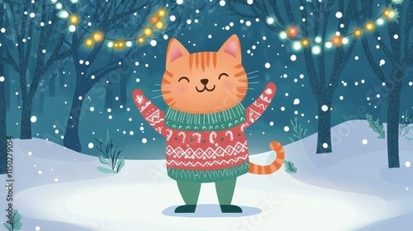 Obraz Cheerful Cartoon Cat in Colorful Sweater Enjoying a Snowy Winter Wonderland with Twinkling Lights in the Background for Holiday Themed Projects