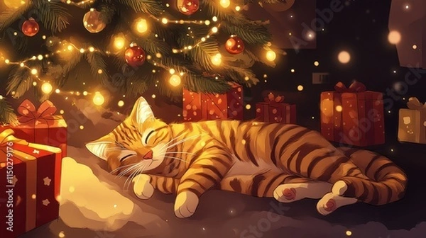 Obraz Cozy Ginger Cat Sleeping Under Christmas Tree with Glittering Lights and Colorful Gifts in a Warm Holiday Setting