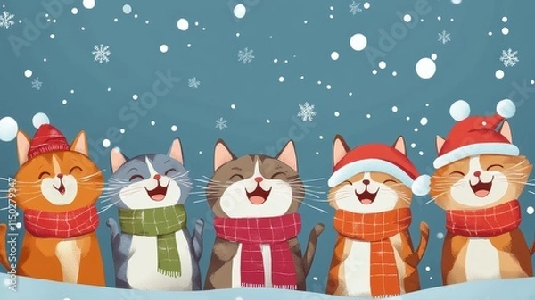 Obraz Cheerful Cats Celebrating Winter Festivities in a Snowy Landscape with Hats and Scarves, Perfect for Holiday-Themed Illustrations and Greeting Cards