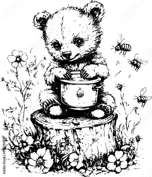 Fototapeta Cute bear cub holding honey pot with bees and flowers.