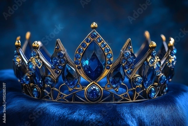 Fototapeta Gold crown with blue jewels. Sapphire blue crown