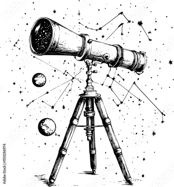 Fototapeta Hand-drawn telescope pointed at stars and a planet.