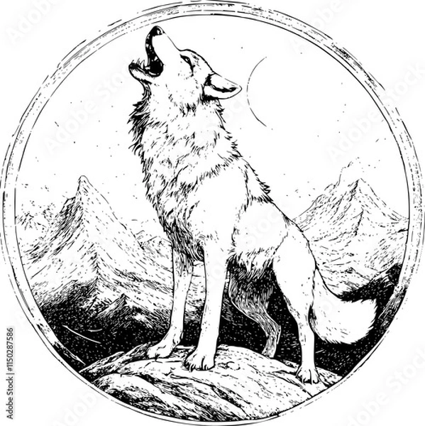 Fototapeta Howling wolf in mountain landscape, monochrome sketch style.