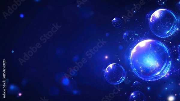 Fototapeta A vibrant background featuring luminous bubbles against a deep blue backdrop, creating a mesmerizing and ethereal atmosphere.