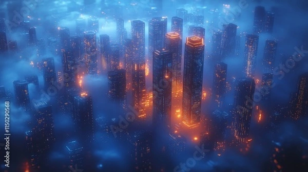 Fototapeta Urban Skyline Illuminated by Neon Lights in a Foggy Night Setting, Showcasing Futuristic Architecture and a Vibrant City Atmosphere