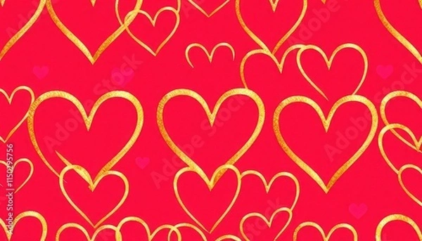 Fototapeta Pattern of intertwined heart outlines in gold, pink, and red for Valentine’s backgrounds.