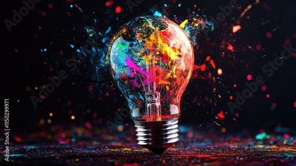 Obraz Creative light bulb explodes with colorful paint. brainstorming concept