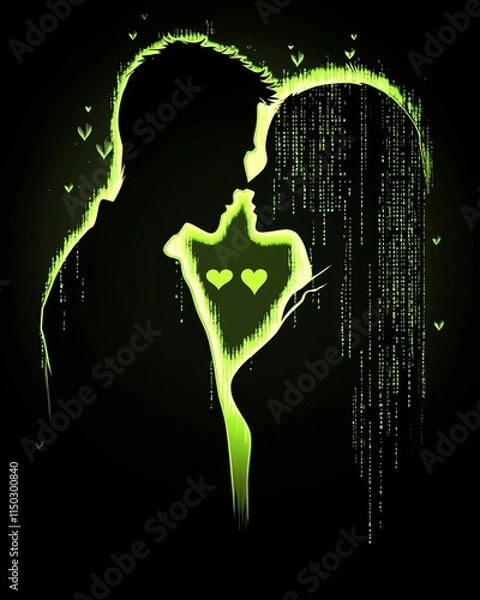 Fototapeta Digital lovers exchanging a kiss composed of binary code data stream