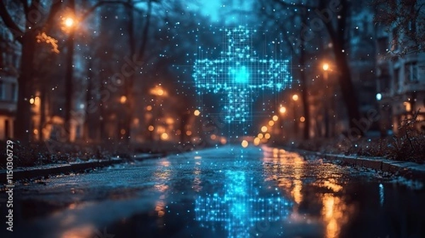 Obraz A blue medical cross symbolizes healthcare innovation in cancer research and cardiology, representing insurance and science for vaccines and cures