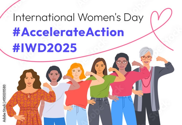Obraz Accelerate Action campaign pose. International Women's Day 2025. Diverse women show solidarity and support to stop discrimination. Collective global activism for women's rights and gender equality