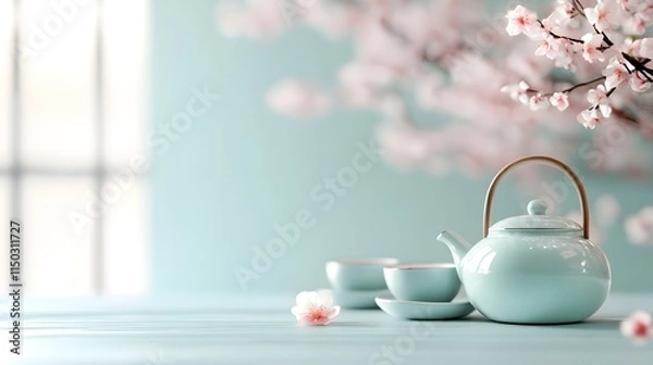 Obraz A serene teapot and cups set against a soft blue backdrop with cherry blossoms, evoking tranquility and elegance.