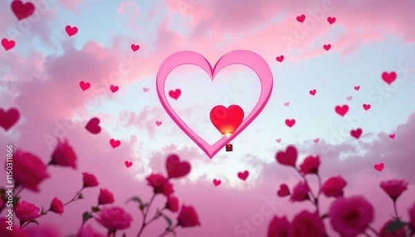 Fototapeta Romantic hot air balloon in the shape of a heart floating in a pink sky.