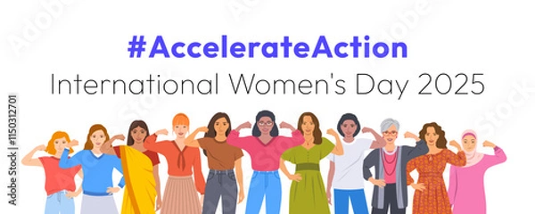 Obraz Accelerate Action campaign pose. International Women's Day 2025. Diverse women show solidarity and support to stop discrimination. Collective global activism for women's rights and gender equality